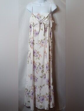 IRIS Cream Floral Spaghetti Straps Tiered Maxi Dress with Lilac Blooms. Size L